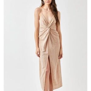 Mustard Seed Women’sDress Medium Cotton Twist Front Tan Stripes‎ Midi Lagenlook